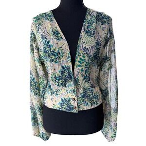 Lily White Sheer Beige Green Peacock Floral Deep V Button Waist Blouse Top M